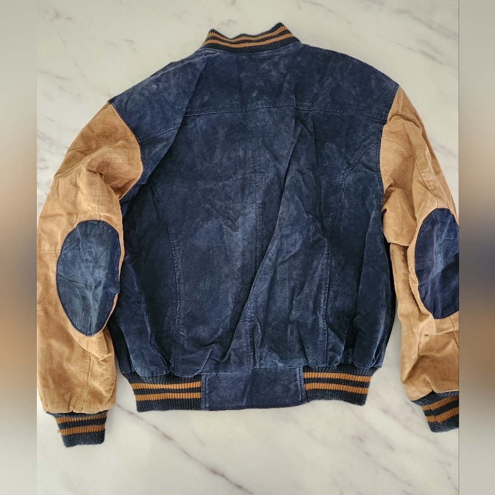 90's Varsity Vintage Retro Suede leather Blue and Tan Bomber Jacket‎ Coat - Picture 6 of 9
